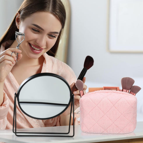 LEIFIDE 4 Pcs Quilted Makeup Bag Pouch - Checkered Cotton Terry Cloth Toiletry Organizer for Women, 4 Colors