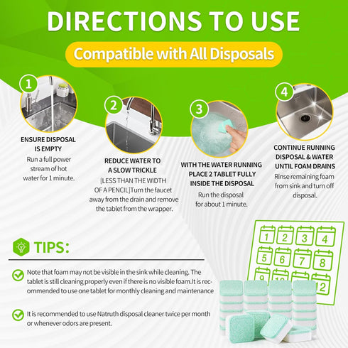 NATRUTH Garbage Disposal Cleaner Deodorizer Tablets 24 Pack - Fresh Apple Foaming Scrub Sink Freshener, Natural Drain