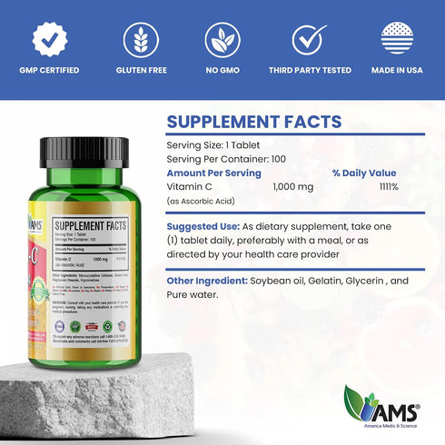 America Medic & Science Rapid-C, 1000mg Vitamin C Supplement, 1 Pack of 100 Tablets, Energy Booster, Daily Immune