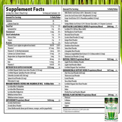 Macro Greens Powder - MacroLife Naturals, 38 Superfood Probiotic Antioxidant Supplement, 10oz (30 Servings)