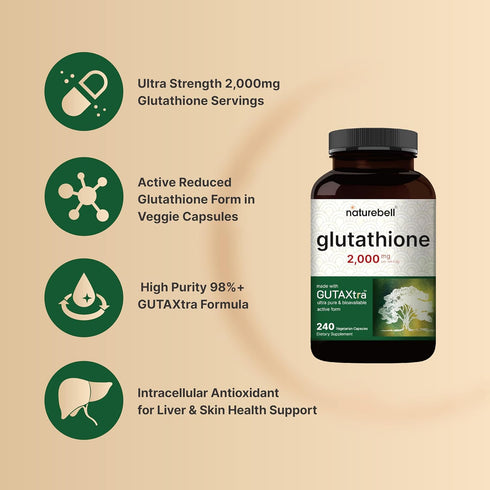 NatureBell Glutathione Supplement 2,000mg Per Serving, 240 Veggie Capsules | 98%+ Purity Verified, Bioavailable Reduced