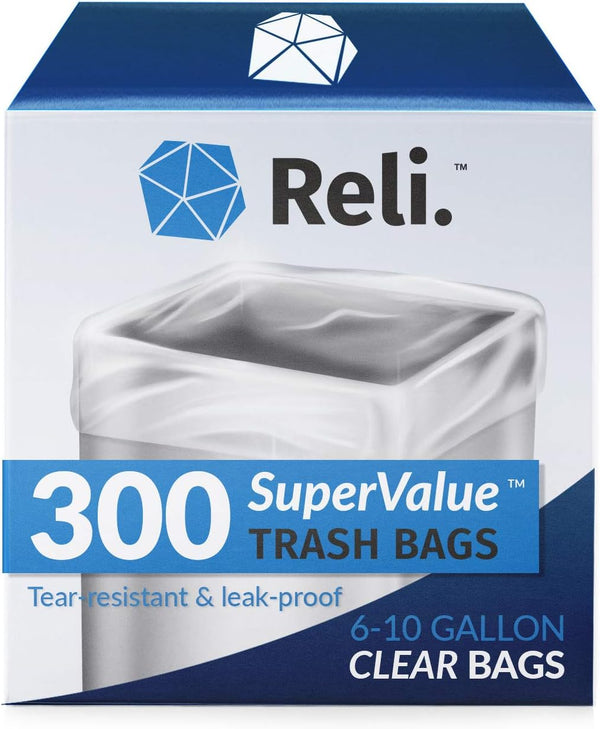 Reli. SuperValue 6-10 Gallon Trash Bags | 300 Count | Clear Multi-Use Garbage Can Liners