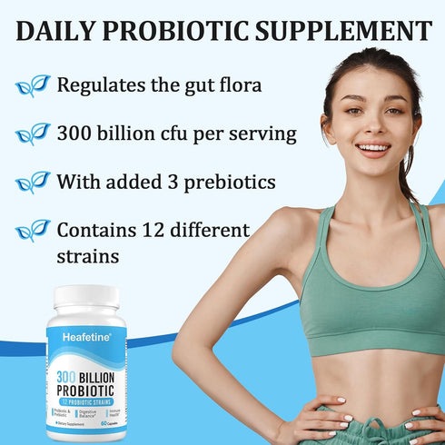 300 Billion CFUs Probiotic, 12 Strains + 3 Organic Prebiotics, 60 Capsules for Digestive Health
