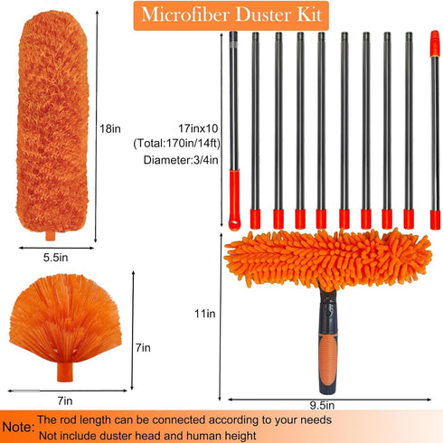 20+ Feet High Reach Dusting Kit with 3-14 ft Extension Pole, 2 in 1 Window Cleaning Kit, High Ceiling Duster, Cobweb