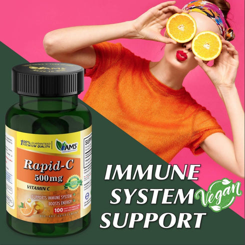 America Medic & Science Rapid-C 500mg Vitamin C Supplement - 100 Tablets for Daily Immune Support, Vegan & Non-GMO.