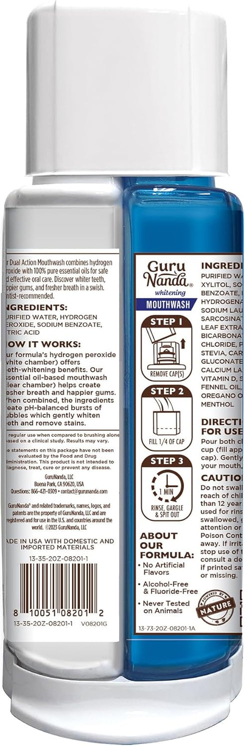 GuruNanda Dual Barrel Oxyburst Whitening Mouthwash: 20 Fl Oz, Alcohol & Fluoride Free, Wild Mint Flavor, Natural Oils