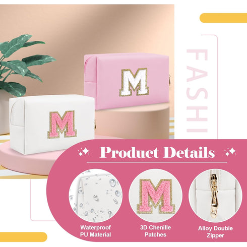 Personalized Initial A-Z Makeup Bag, Small PU Leather Travel Pouch, White Cute Toiletry