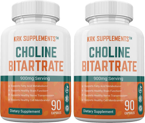 2 Bottles of Choline Bitartrate 900mg, 180 Total Capsules from KRK Supplements