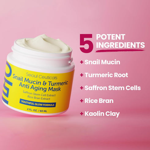 SeoulCeuticals Korean Face Mask - Snail Mucin Turmeric Mask for Anti Aging - Cruelty Free K Beauty for Healthy Glow, 2oz