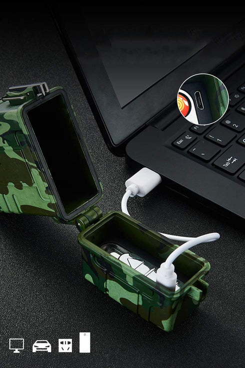 Skywin Waterproof Cigarette Case with Lighter, Airtight Dry Box with Rechargeable Lighter, Green Camo