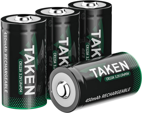 Taken 123 Batteries, 4 Pack 3V Lithium Rechargeable, 2000+ Cycles, 10 Years Shelf Life for Smoke Detector