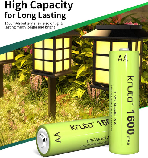 Kruta Ni-MH AA Rechargeable Batteries, Double A 1600mAh High Capacity 1.2V Pre-Charged for Garden Landscaping Outdoor Solar Lights, String Lights, Pathway Lights (AA-1600mAh-8 Pack)