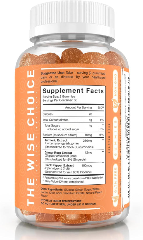 Turmeric Ginger & Black Pepper Gummies for Joint Health, Delicious Peach Flavor, Gluten Free, Vegan, 60 Gummies.