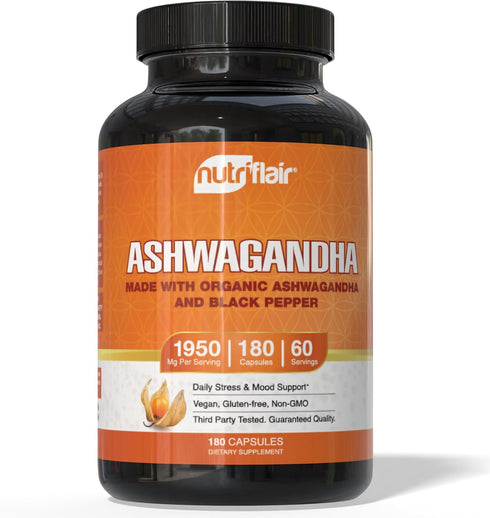 NutriFlair Organic Ashwagandha Root Extract - with Organic Black Pepper - Stress