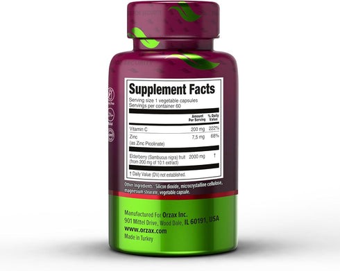 ORZAX Elderberry Capsules, Immune Support Supplement with Vitamin C and Zinc, 60 Vegetable Capsules