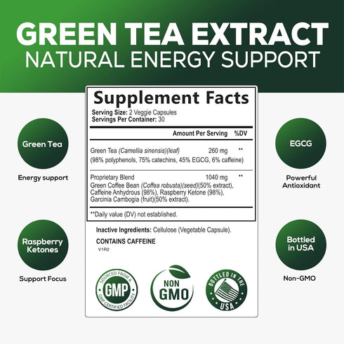 Green Tea Extract Pills - 98% Standardized EGCG 1300mg for Natural Extra Strength Energy - Supports Heart & Antioxidant Health Herbal & Immune Support Supplement Polyphenols Max Potency - 60 Capsules