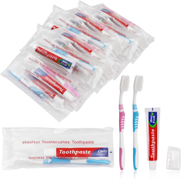 Disposable Toothbrushes with Toothpaste, Travel Kit with Plastic Zip Bag, Individually Wrapped Bulk Toothbrush (20)