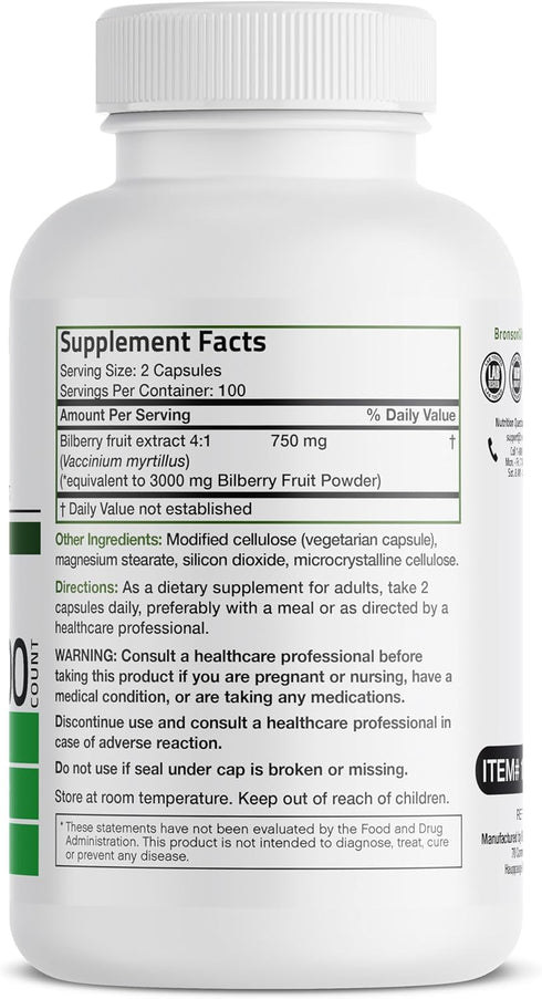 Bronson Bilberry Extra Strength Vaccinium Myrtillus, Promotes Eye Health and Supports Healthy Vision - Non GMO, 200 Vegetarian Capsules