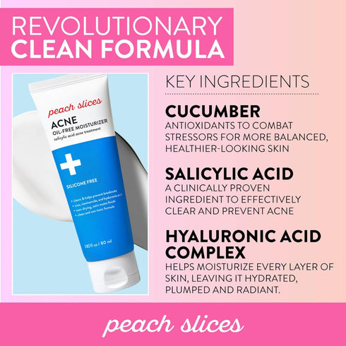 Peach Slices Acne Oil-Free Moisturizer, 2.8 oz with Satin Matte Finish, 0.5% Salicylic Acid