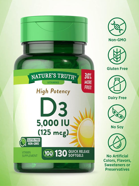 Nature's Truth Vitamin D3, 5000 IU Softgels, 130 Count, High Potency, Non-GMO & Gluten Free