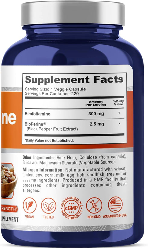 NusaPure Benfotiamine 300mg Per Veggie Caps 220 Count (Non-GMO, Vegan, Gluten-Free)