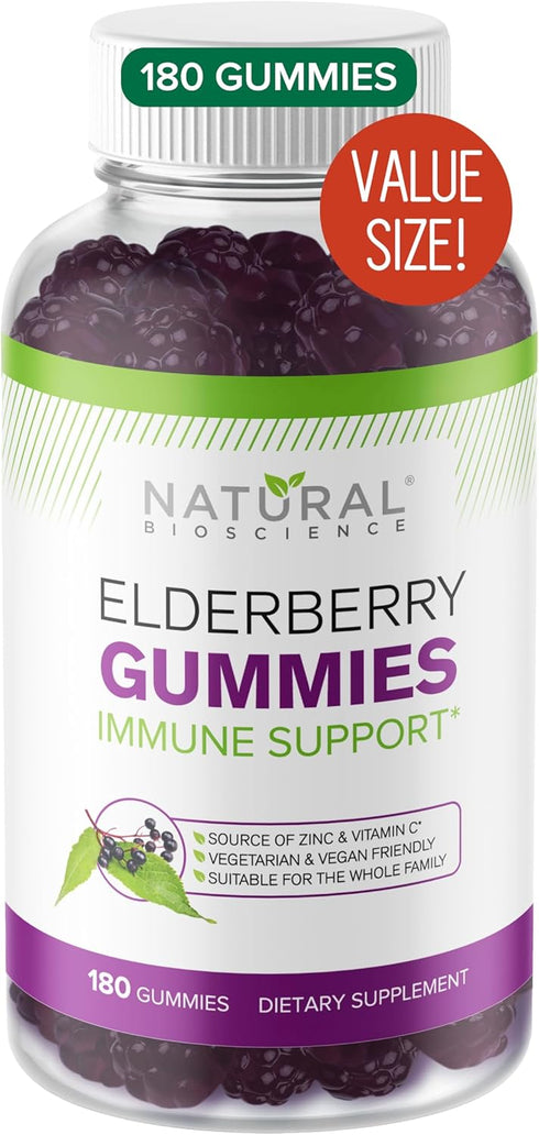 Sambucus Elderberry Gummies - Daily Immune Support Supplement with Vitamin C & Zinc, 180 Vegan Gluten-Free Gummies