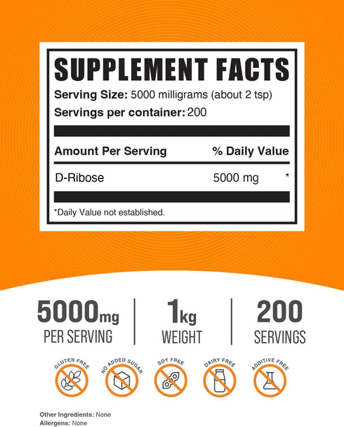BulkSupplements.com D-Ribose Powder, 5000mg Energy Support Supplement, Unflavored, 1kg (2.2 lbs)