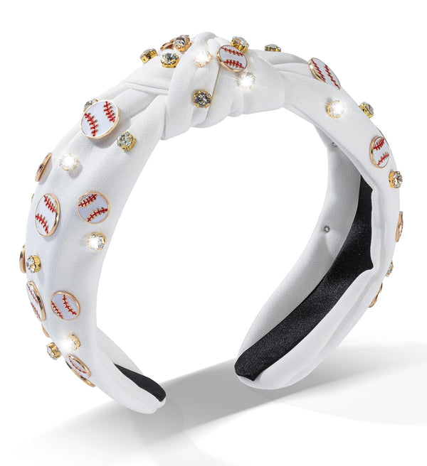 Sparkle Crystal Baseball Charm Embellished Wide Knotted Headband for Women - Game Day Hair Accessories (White)