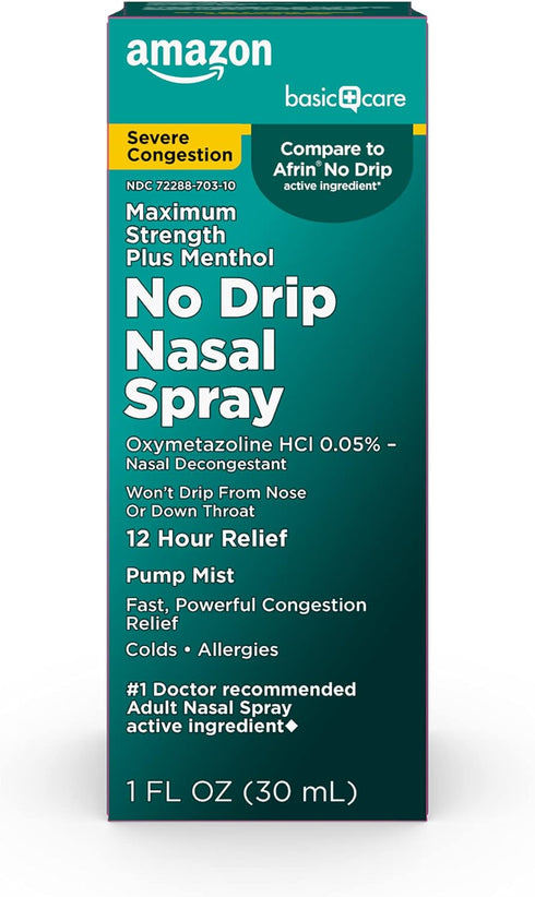 Amazon Basic Care No Drip Severe Congestion Nasal Pump Mist Spray - 12 Hour Relief, 1 fl oz