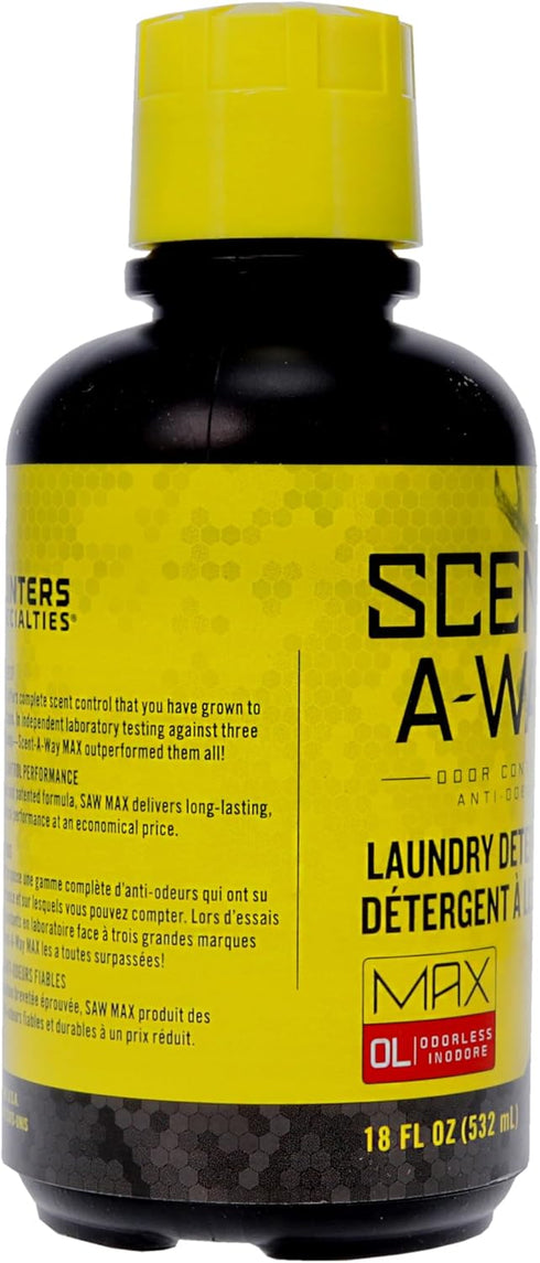 Scent Eliminator Laundry Detergent, Hunters Specialties Scent-A-Way MAX, Unscented Formula, 18 OZ Bottle for Hunting