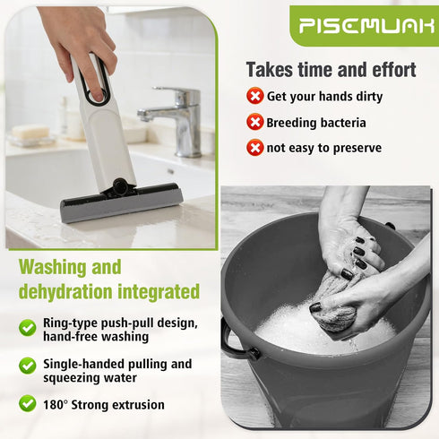 PISEMUAK 2 Countertop, Mini Sponge Mop Self Wringing, Foldable Desktop Mop with Upgraded Handle + Refill Heads, Compact