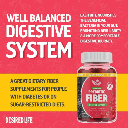 Sugar Free Prebiotic Fiber Gummies | 60 Count | Mixed Berry Flavor | Daily Digestive Health for Adults & Kids