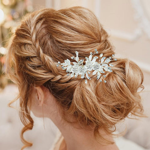 Wedding Rhinestone Hair Comb Crystal Bride Hair Combs Flower Side Hair Combs Leaf Headpiece Bridal Hair Accessories for Women (Silver)