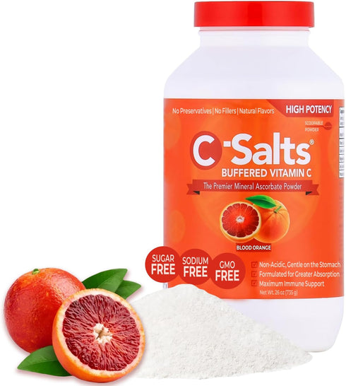 Buffered Vitamin C Powder Supplement - High Absorption Immune Support Drink, Blood Orange 26oz