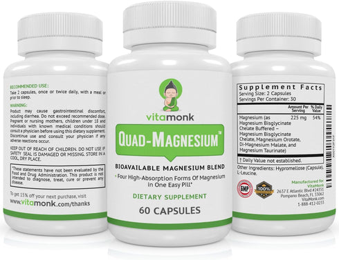 Vitamonk Quad Magnesium Blend with Orotate, Glycinate, Taurate, and Di-Magnesium Malate for Sleep and Mood