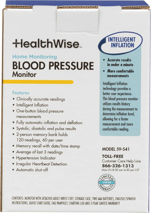 HealthWise Blood Pressure Monitor - Adult Wrist Cuff, Intelligent Inflation, 2-Person Memory, Hypertension Indicator