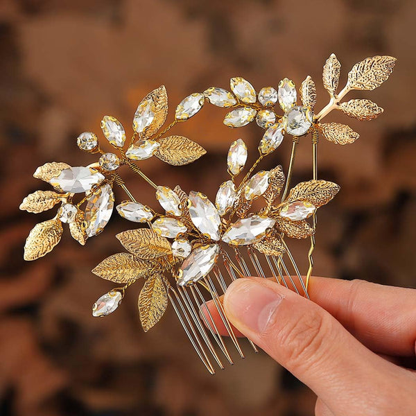 Leaf Bride Wedding Hair Pins, Gold Rhinestone Hair Piece, Bridal Hair Combs for Women and Girls (Pack of 3)