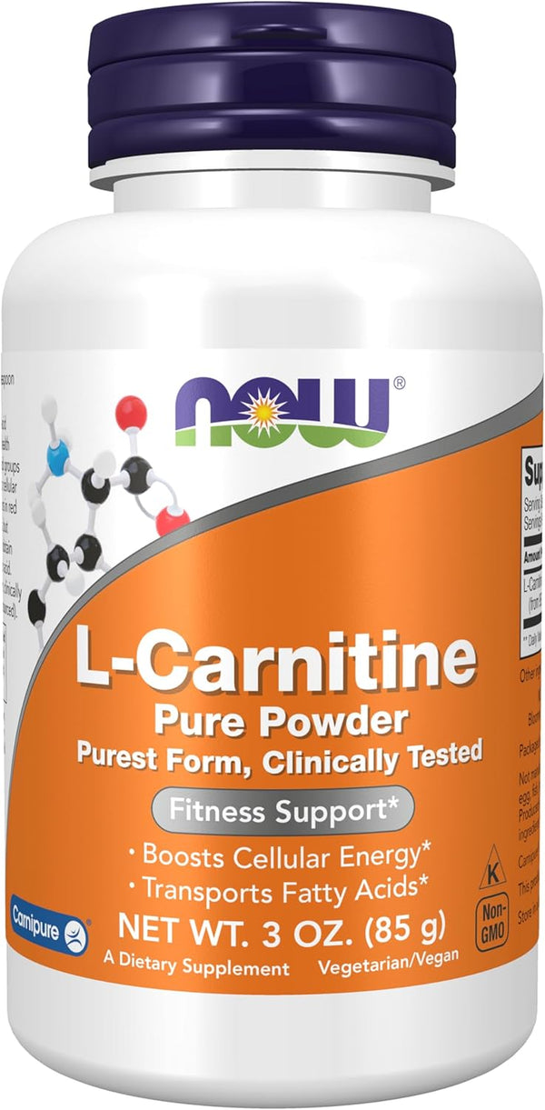 NOW Foods Supplements L-Carnitine Pure Powder, 3-Ounce, Boosts Cellular Energy, Amino Acid