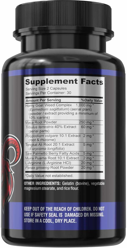 YUMMYVITE 60 Horny Goat Weed Extra Strength - with Maca, L-Arginine, Ginseng - Boost Desire, Performance, Stamina