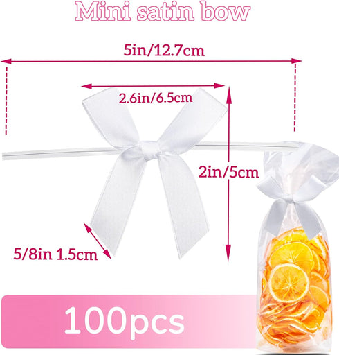 Gejoy 100 Pieces 2.6" Solid White Bows, Mini Satin Ribbon Twist Tie Bows for Wedding Graduation Party Decoration