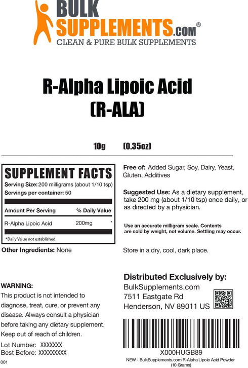 BulkSupplements.com R-Alpha Lipoic Acid Powder - 200mg R-ALA Supplement, Gluten Free, 10g (0.35 oz)