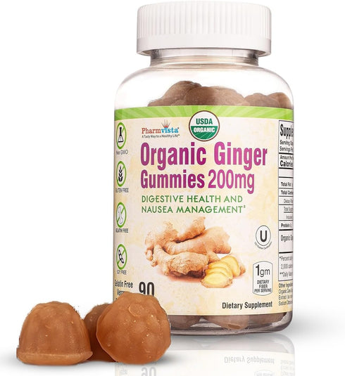 USDA Organic Ginger Gummies 200mg 90 Count for Digestive Health and Nausea Management