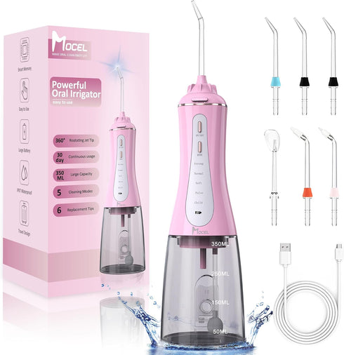 MOCEL Cordless Water Dental Flosser, 5 Modes Oral Irrigator with USB C Rechargeable, IPX7 Waterproof (Pink)