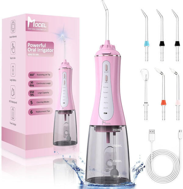 MOCEL Cordless Water Dental Flosser, 5 Modes Oral Irrigator with USB C Rechargeable, IPX7 Waterproof (Pink)