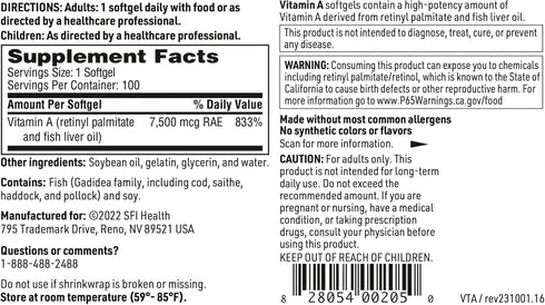 Klaire Labs Vitamin A High Potency 25000 IU Dose from Fish Liver Oil, Preformed Retinol Form, 100 Softgels