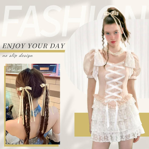 VOBOBE 2PCS Hair Bows for Women and Girls, Gold Tassel Ribbon Bowknot Hair Clips Barrettes