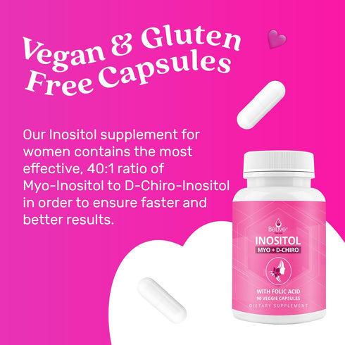 BeLive Myo-Inositol & D-Chiro Inositol Capsules - 90Ct Supplement with Folic Acid for Women