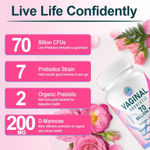 Vaginal Probiotics, 70 Billion CFU, 13 Strains for Women with Prebiotic & D-Mannose for Vaginal Health, 60 Capsules