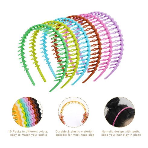 WOVOWOVO Plastic Headbands for Women Teen Girls, 10 Packs Thin Non Slip Headband with Teeth
