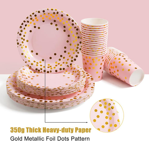 HOMIX 175Pcs 25 Pink and Gold Party Supplies, Disposable Gold Dots on Pink Paper Plates Cups and Napkins, Gold Plastic